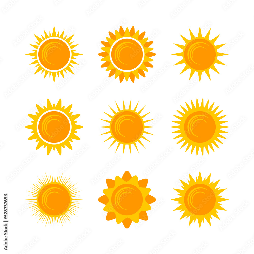 Yellow shining sun icons set Yellow shining sun icons set
