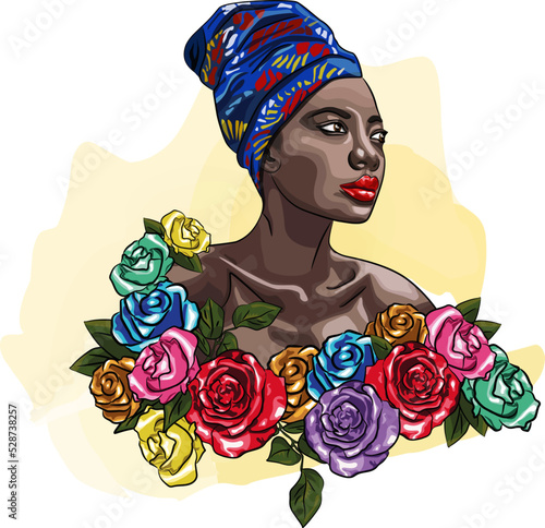 Pretty African woman in turban hand drawn sketch. Attractive elegant afro lady with head scard colorful illustration. Beautiful young girl with rose flowers for sublimation print, postcard  photo