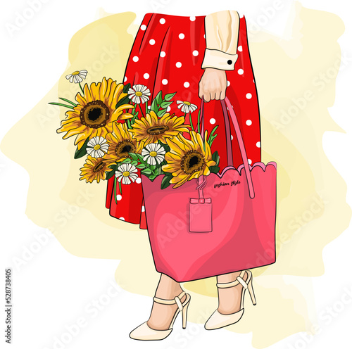 Stylish woman in polka dot skirt cartoon vector illustration. Elegant lady holding bag with flowers drawing. Summer, spring fashion look. Young girl with pink bag and red dress posing. Street outfit