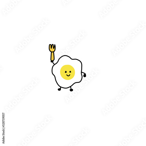 character, and mascot of a boiled egg holding spoon and fork.