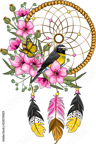 Dreamcatcher with flowers and bird cartoon vector illustration. Boho style dream catcher drawing. Bohemian symbol with pink blooming isolated on white. Decorative element. Handmade vintage talisman