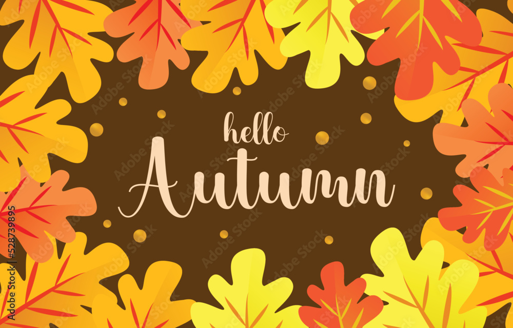 Hello Autumn background with leaves golden yellow. fall concept,For wallpaper, postcards, greeting cards, website pages, banners, online sales. Vector illustration Hello Autumn background with leaves golden yellow. fall concept,For wallpaper, postcards, greeting cards, website pages, banners, online sales. Vector illustration