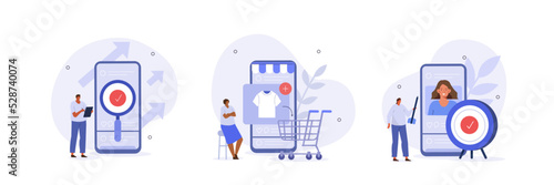Digital marketing illustration set. Characters analyzing mobile market trends, planning seo optimization and targeting strategy. Business activities concept. Vector illustration.
