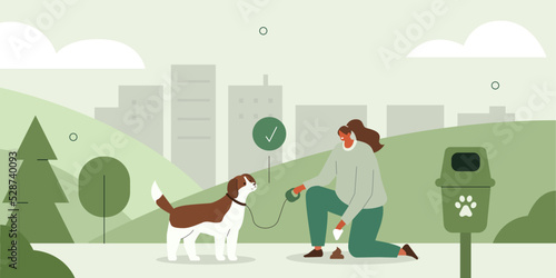 Pet owner or sitter walking with dog on the leash in city park, gathering poop in special bag and picking up dog excrements in public waste station. Pet care concept. Vector illustration. 
