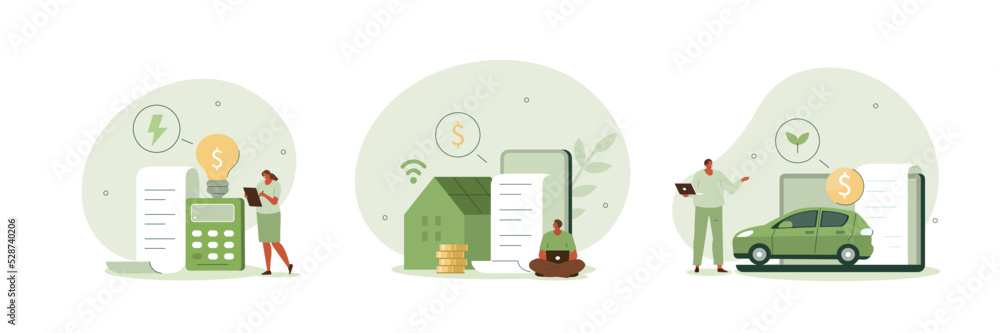 Fototapeta premium Sustainability illustration set. Characters calculating and paying electricity, utilities and household invoice bills. Home finances management and sustainable housing concept. Vector illustration.