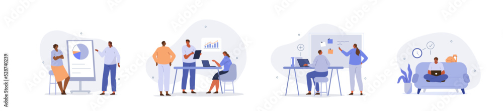 Business people illustration set. Characters working at home office and coworking space. People talking with colleagues, planning corporate strategy, analyzing financial graphs. Vector illustration.
