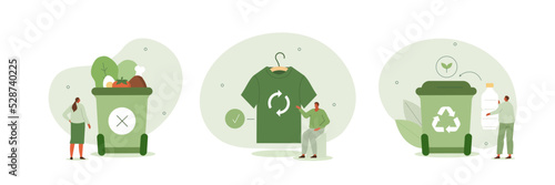Sustainability illustration set. Characters reducing food waste, buying reused clothes, recycling plastic bottles. Reduce, reuse, recycle and zero waste concept. Vector illustration.