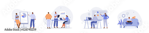 Business people illustration set. Characters working at home office and coworking space. People talking with colleagues, planning corporate strategy, analyzing financial graphs. Vector illustration.
