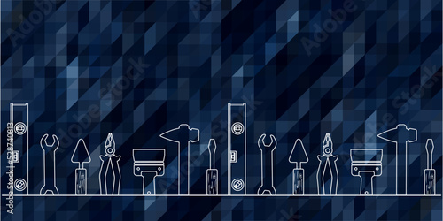 Professional handyman services. Vector banner template with repair tools silhouette and text space.  Repair tools on dark blue polygonal background for design. EPS10.
