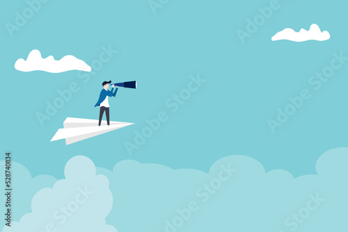 Businessman flying on paper plane and looking through telescope. Seeking career opportunities, leadership, new job, success, ambition and motivation. Planning and strategy concept. 1