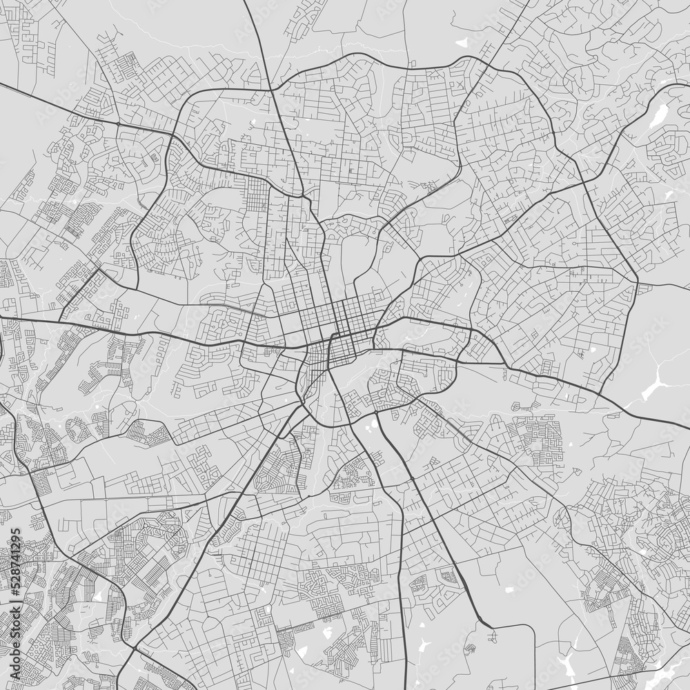 White and light grey Harare city area vector background map, roads and water illustration. Widescreen proportion, digital flat design.