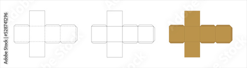 Square paper box template, trim scheme to make package, open geometric model layout on white background.