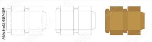 Rectangle paper box template, trim scheme to make package, open geometric model layout on white background.