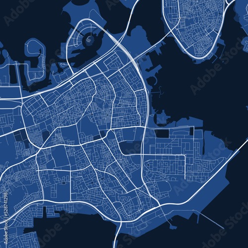 Detailed vector map poster of Manama city, linear print map. Blue skyline urban panorama.