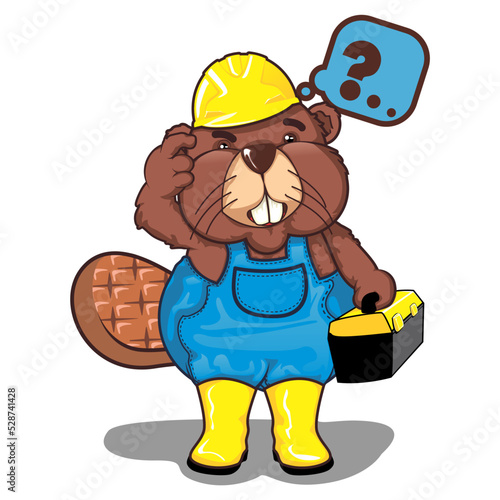 vector mascot cartoon illustration of a cute beaver being a handyman and thingking abaut fixing samething photo