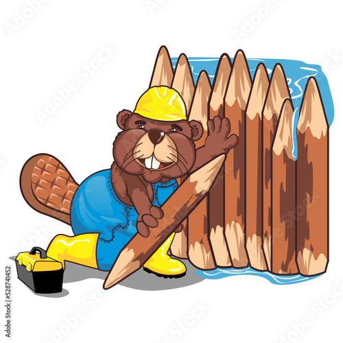 vector mascot cartoon illustration of beaver builds a dam