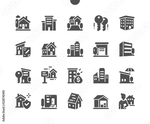 Property. Building, house, agreement and warehouse. Property protection. House for sale. Vector Solid Icons. Simple Pictogram