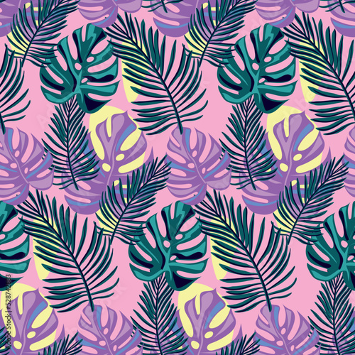 Vector seamless tropical pattern  vivid tropic foliage  with monstera leaf  palm leaves. Modern bright summer print design.