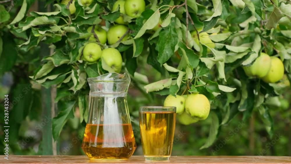 Apple juice on a wooden table in the garden, around it are apples. Farmer taking a jug and pour fresh juice into glass from the apple orchard. Pouring apple juice into a glass in a summer day outdoors Apple juice on a wooden table in the garden, around it are apples. Farmer taking a jug and pour fresh juice into glass from the apple orchard. Pouring apple juice into a glass in a summer day outdoors
