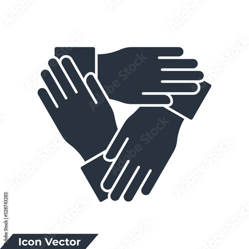 collaboration icon logo vector illustration. three hands support each other symbol template for graphic and web design collection