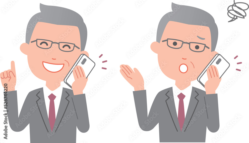 スマホを使う重鎮ビジネスマン 二つの表情 スマホを使う重鎮ビジネスマン 二つの表情