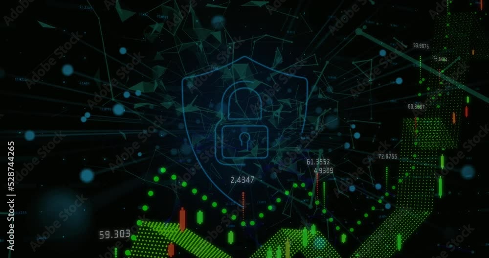 Animation of graph with data processing over padlock icon on black background Animation of graph with data processing over padlock icon on black background
