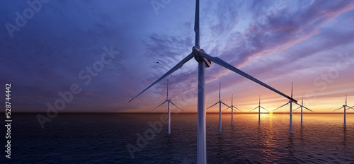 Ocean Wind Farm. Windmill farm in the ocean. Offshore wind turbines in the sea. Wind turbine from aerial view  3d rendering.