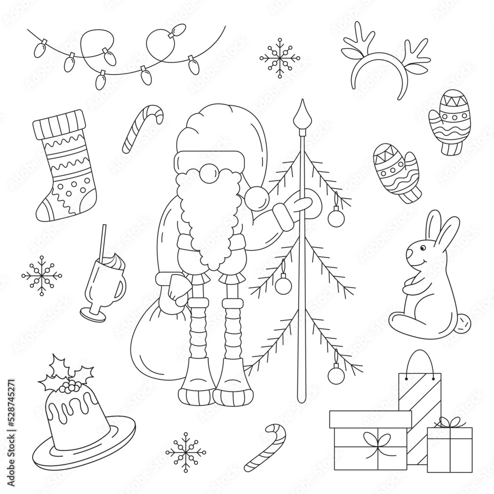 Obraz premium A set of outline Christmas doodles with characters and decorations. Santa, Christmas tree, bunny. Free vector drawings, isolated on white background. Black and white clip art.