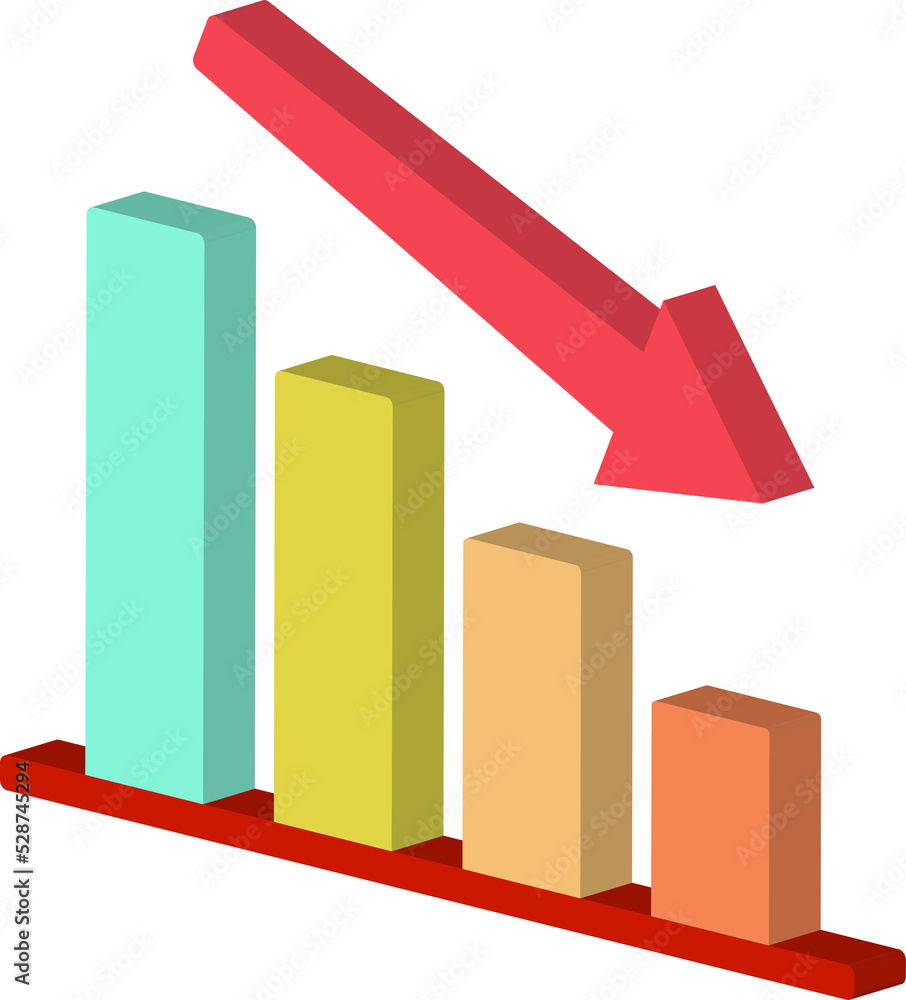 3d icon of decreasing or declining bar chart graph with red arrow going down front left view 3d icon of decreasing or declining bar chart graph with red arrow going down front left view