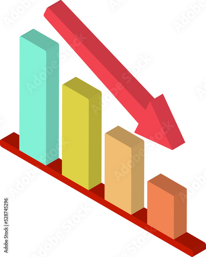 3d icon of decreasing or declining bar chart graph with red arrow going down isometric left view