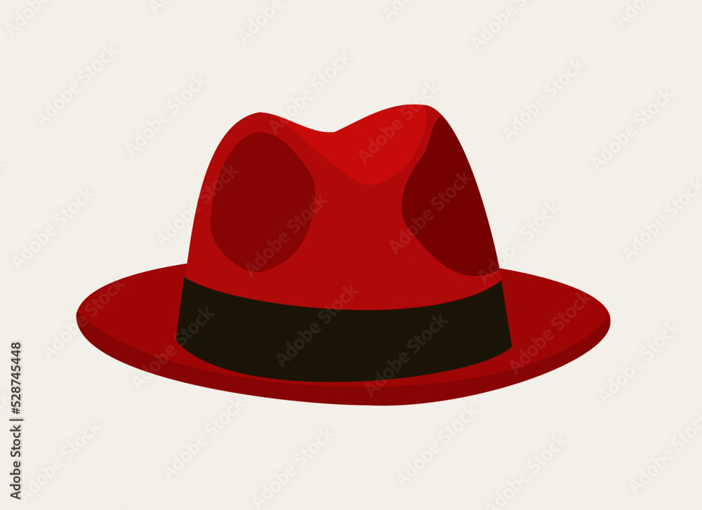 Vector illustration of elegant red fedora hat isolated on light beige background. - obrazy, fototapety, plakaty 