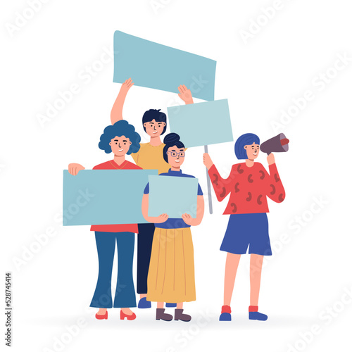 Women holding blank placards. Protest for human rights and social equality. Publicity templates. Participation in a peaceful demonstration. Vector flat.