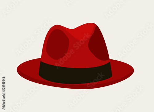 Vector illustration of elegant red fedora hat isolated on light beige background.