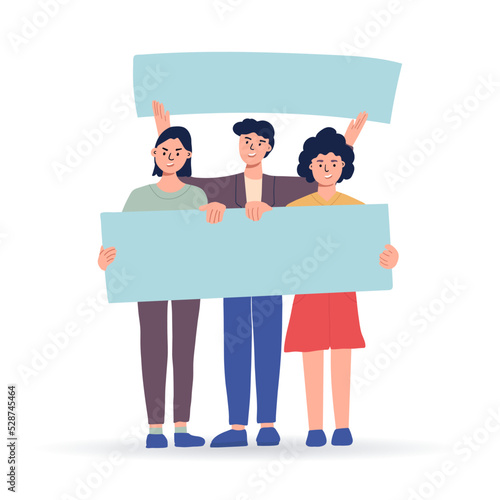 People holding blank placards. Protest for human rights and social equality. Publicity templates. Participation in a peaceful demonstration. Vector flat.