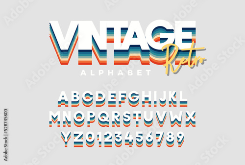 Vintage retro font. Vector of modern vibrant alphabet and numbers. Typeface with different colors in vintage trendy style.