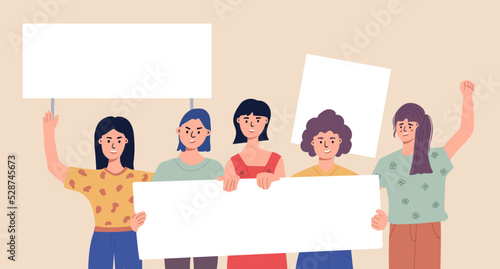 Women holding blank placards. Protest for human rights and social equality. Publicity templates. Participation in a peaceful demonstration. Vector flat.