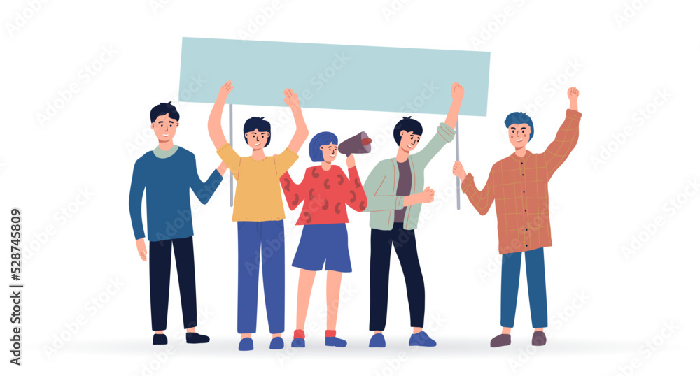 People holding blank placards. Protest for human rights and social equality. Publicity templates. Participation in a peaceful demonstration. Vector flat.