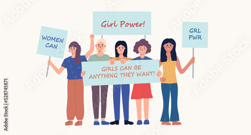Women holding blank placards. Protest for rights and social equality. Feminism Girl Power. Participating in a peaceful demonstration. Vector flat.