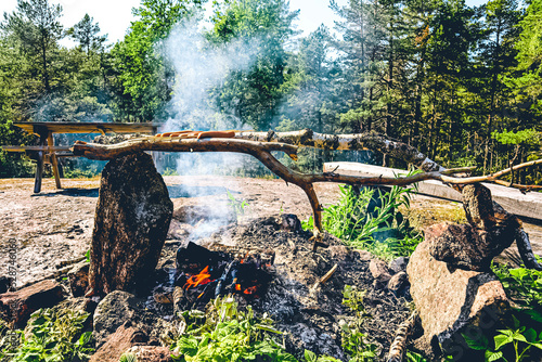 Grilling wieners on a campfire made by rocks and sticks in the Vilsta forest, Eskilstuna, Sweden.  photo