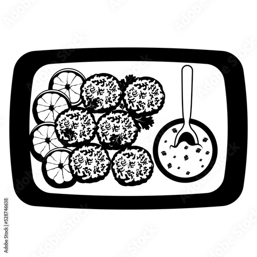 Deepfried ball Vector Icon, National Dish of Egypt Sign, Middle Eastern Traditional cuisine Symbol, Gourmet food cooking & restaurant menu with ingredients, Falafel with Dip Sauce on Platter Concept