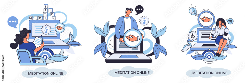 Fototapeta premium Meditation online metaphor. Classes on laptop, practicing yoga, mental exercises. Live stream, internet education. Wellness practice restore peace mind. Healthy lifestyle, clearing brain and managing