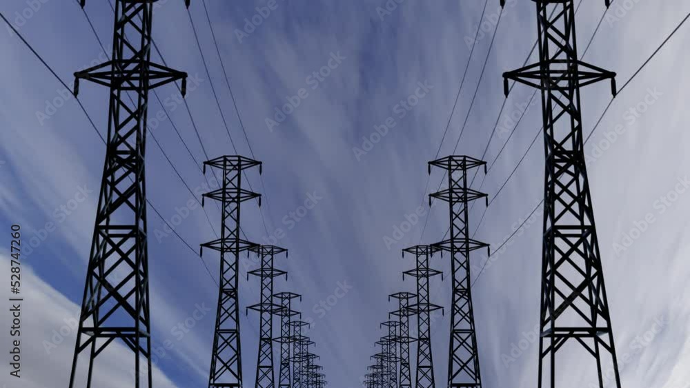 Power station pylon and wires seamless loop 3d render animation. 