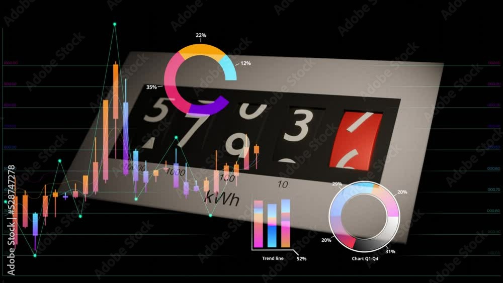 Electricity meter and stock market data graph. Conseptual power ...