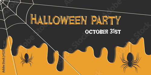 Halloween party banner in paper cut style. Halloween party invitation with spiders and web in paper cut style.