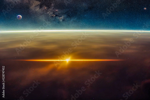 Dark night space landscape with half lighted Jupiter at horizon and small planets orbiting around