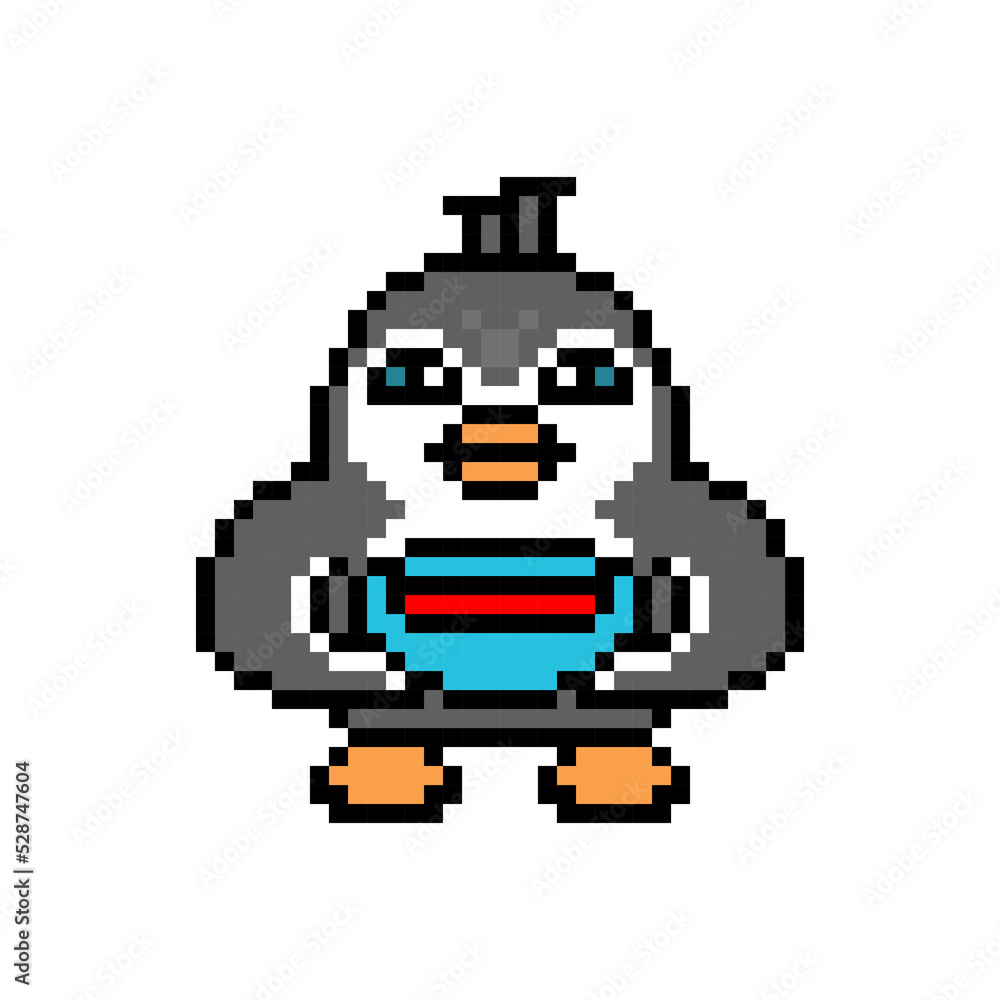 Penguin holiding a bowl of tomato soup, cute pixel art animal character isolated on white background. Old school retro 80s, 90s 8 bit slot machine, computer, video game graphics. Cartoon mascot.