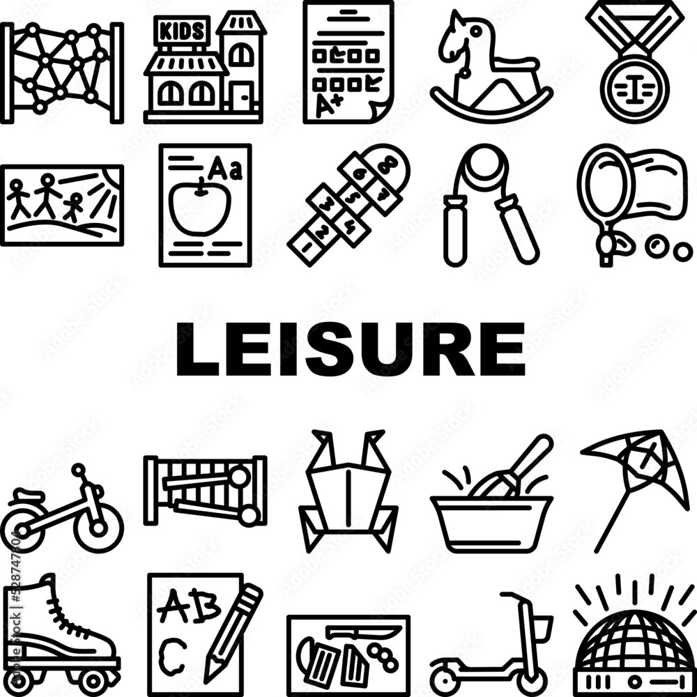 Fototapeta premium kid leisure child happy fun icons set vector. play childhood, children girl, summer boy, game joy, park group party kid leisure child happy fun black contour illustrations