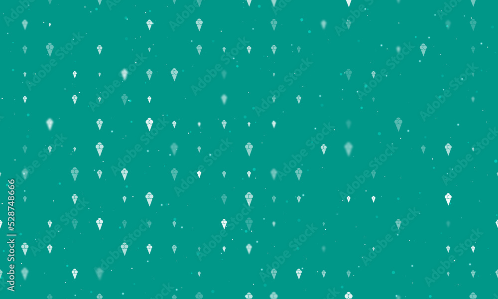 Seamless background pattern of evenly spaced white ice cream balls symbols of different sizes and opacity. Vector illustration on teal background with stars