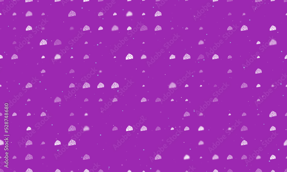 Seamless background pattern of evenly spaced white cheese symbols of different sizes and opacity. Vector illustration on purple background with stars