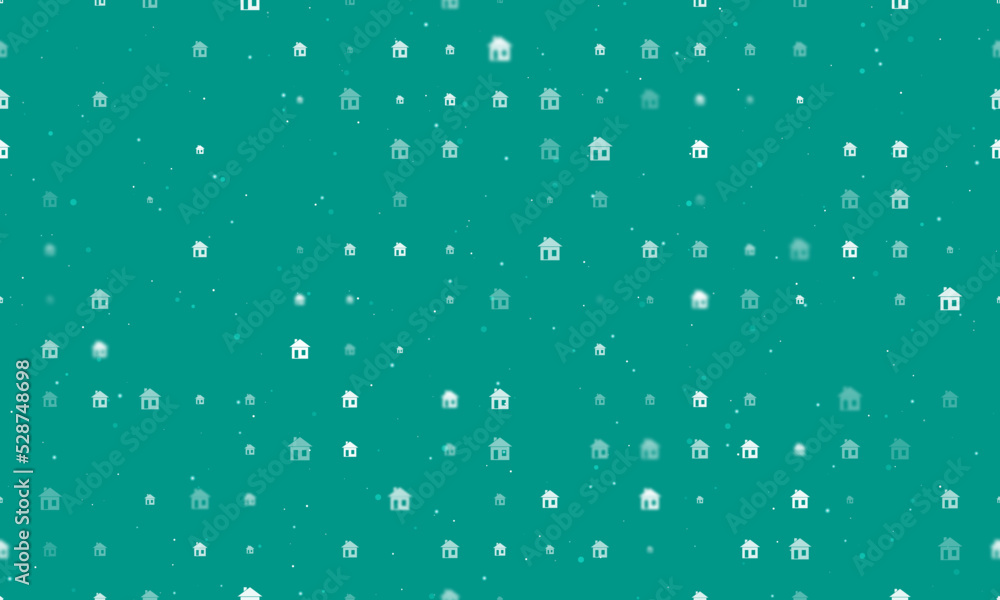 Seamless background pattern of evenly spaced white house symbols of different sizes and opacity. Vector illustration on teal background with stars